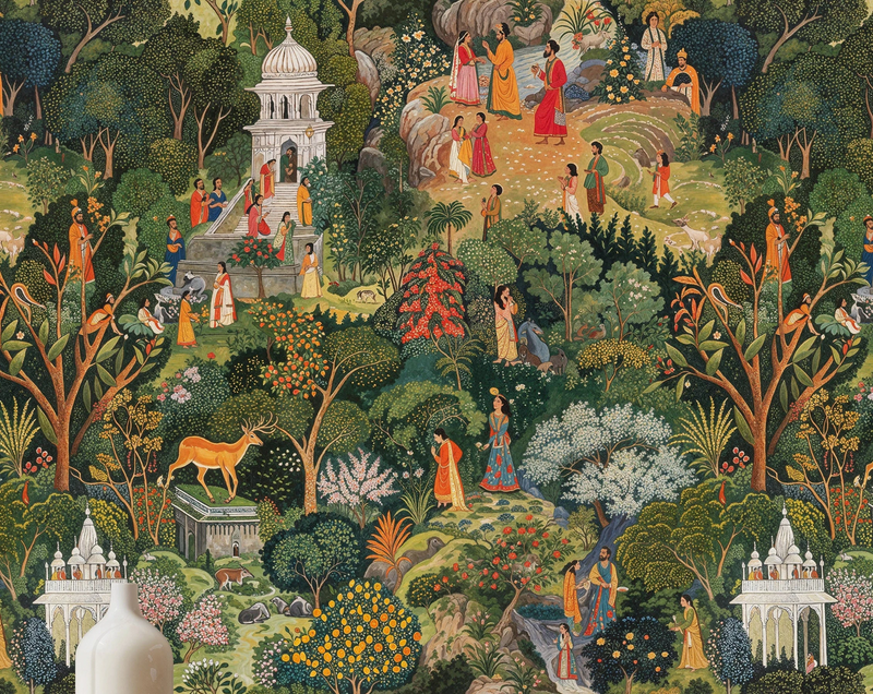 Mughal Miniature Forest Palace Garden Wall Mural | Vibrant Indian Royal Scene Wallpaper | Custom Removable Wall Art for Living Room Study