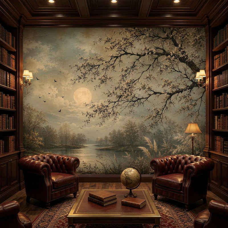 Vintage Moonlit River Landscape Oil Painting Wall Mural | Moody Blossom Tree Night Scene Wallpaper | Custom Removable Wall Art for Bedroom