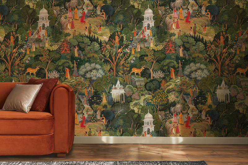 Mughal Miniature Forest Palace Garden Wall Mural | Vibrant Indian Royal Scene Wallpaper | Custom Removable Wall Art for Living Room Study