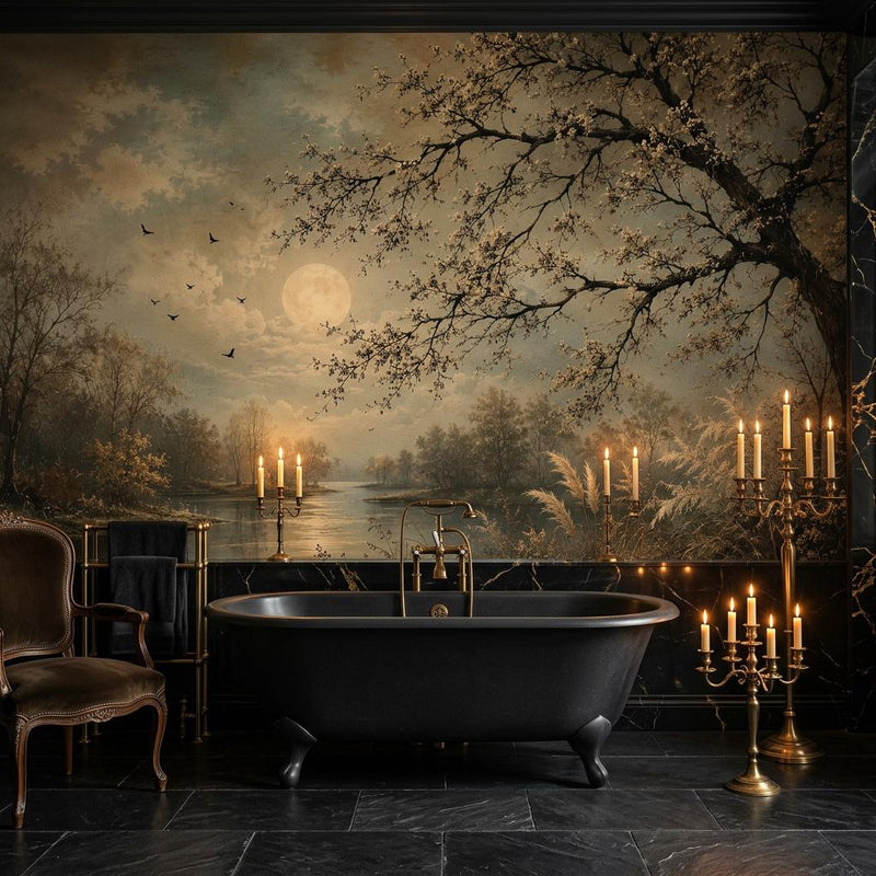 Vintage Moonlit River Landscape Oil Painting Wall Mural | Moody Blossom Tree Night Scene Wallpaper | Custom Removable Wall Art for Bedroom