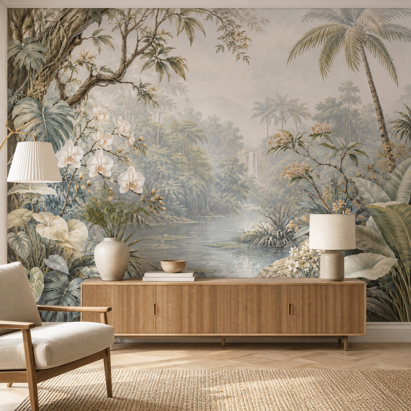 Vintage Tropical Jungle Waterfall Wallpaper