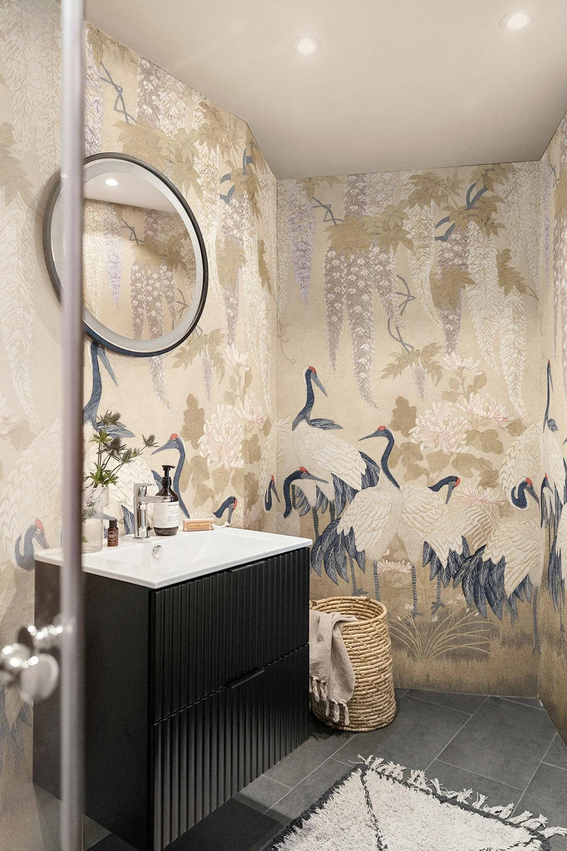 Soft Beige Wisteria Crane Wall Mural | Modern Chinoiserie Embroidered Effect Wallpaper | Custom Neutral Wall Art for Powder Room Bedroom