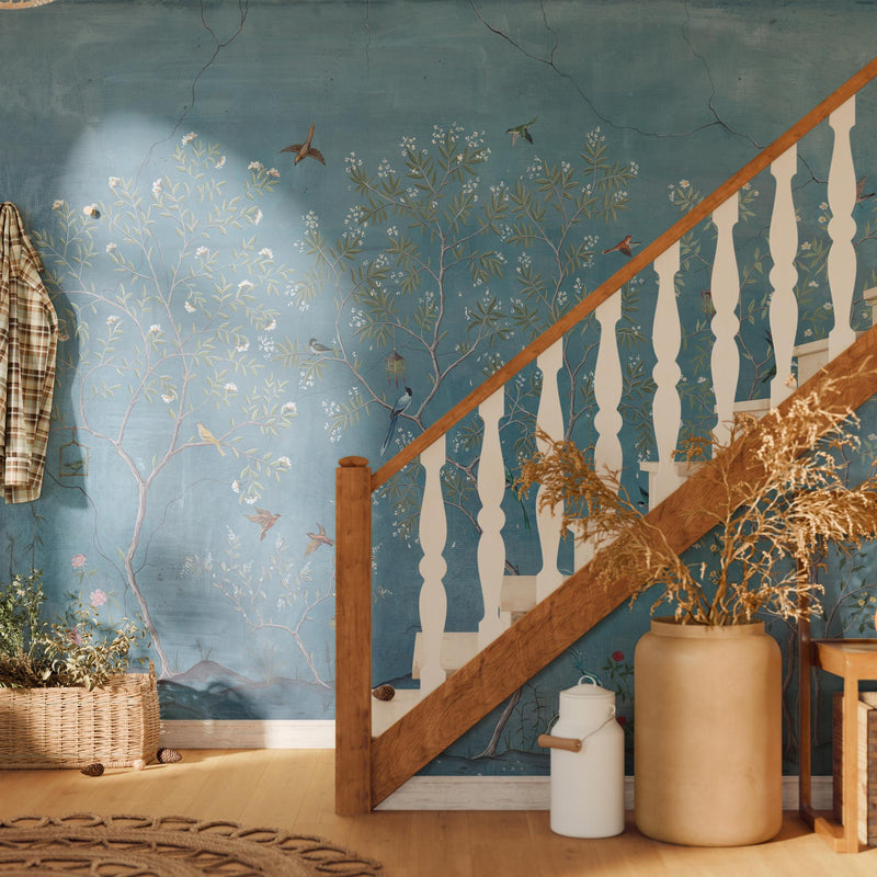 Muted Blue Chinoiserie Bird Tree Wall Mural | Vintage Crackled Floral Wallpaper | Peel and Stick Removable Wall Art for Bedroom Bathroom