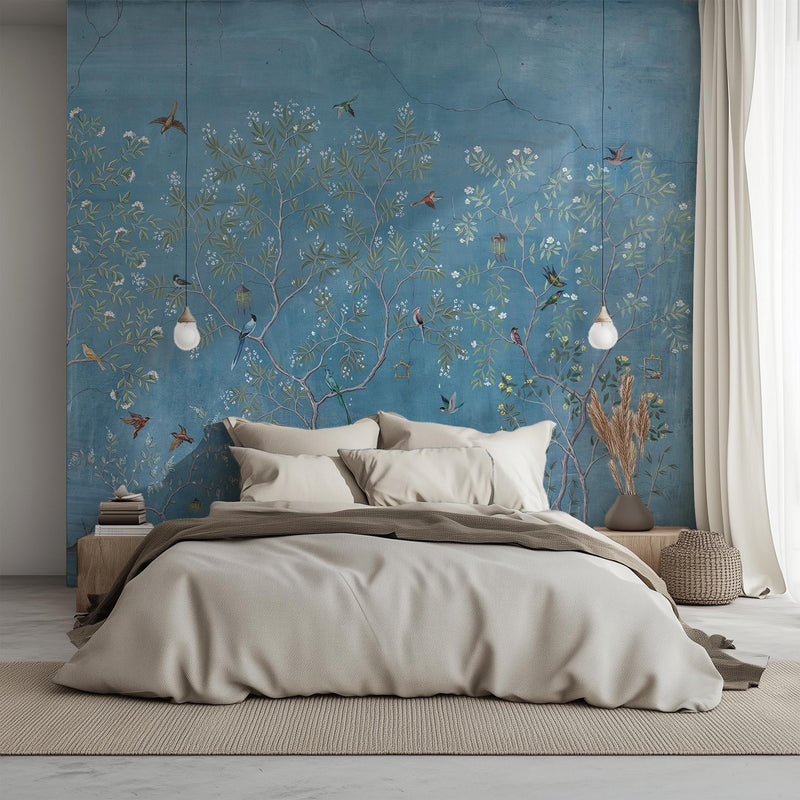 Muted Blue Chinoiserie Bird Tree Wall Mural | Vintage Crackled Floral Wallpaper | Peel and Stick Removable Wall Art for Bedroom Bathroom