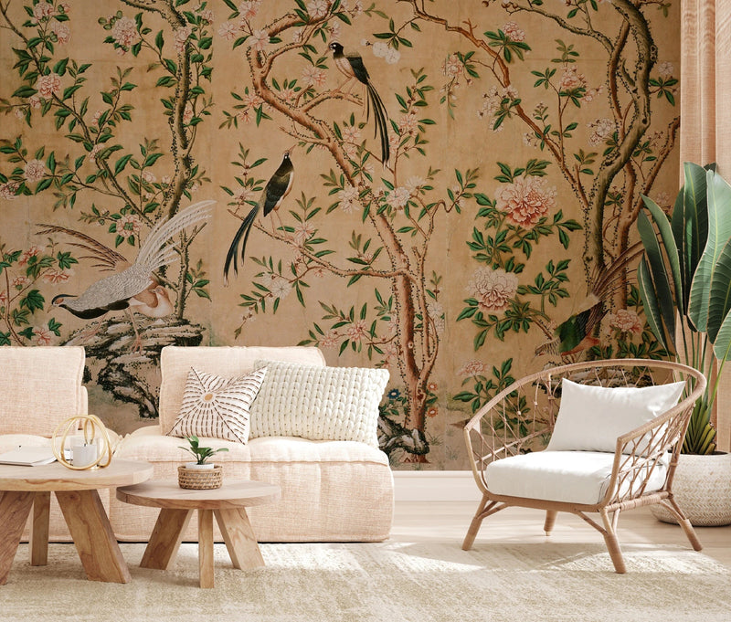 Vintage Chinese Garden Crane Landscape Mural