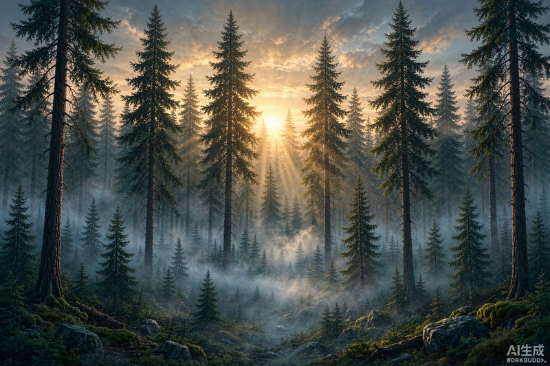 Foggy Pine Forest Wall Mural, Fresh Morning Nature Scenery Wallpaper