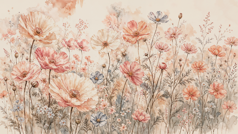 Soft Watercolor Wildflower Meadow Wall Mural, Blush Poppy Botanical Wallpaper Mural