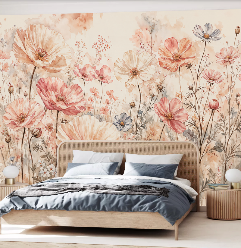 Soft Watercolor Wildflower Meadow Wall Mural, Blush Poppy Botanical Wallpaper Mural