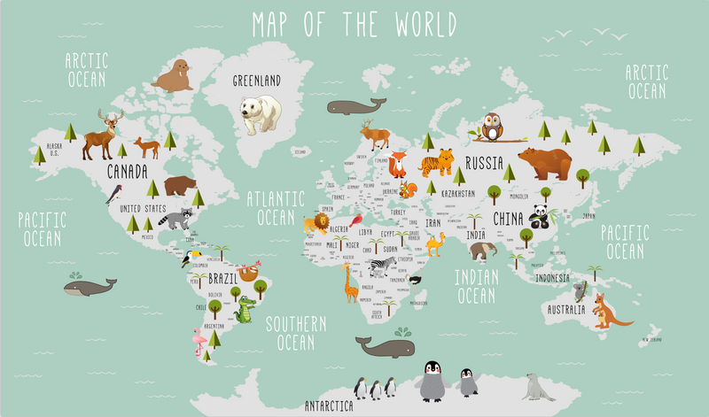 Sage Green Kids Animal World Map Wall Mural, Educational Cartoon World Map Wallpaper for Nursery