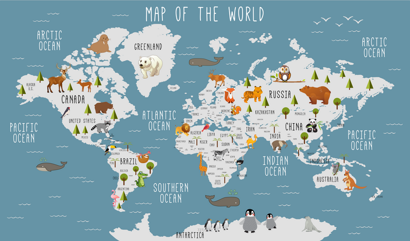 Dusty Blue Kids Animal World Map Wall Mural, Educational Cartoon World Map Wallpaper for Nursery & Playroom