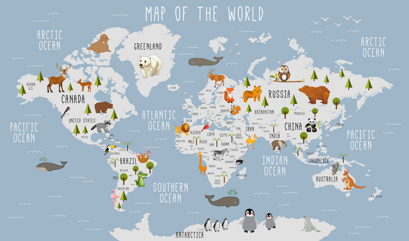 Cute Kids World Map Wall Mural, Cartoon Animal World Map Wallpaper for Nursery & Kids Bedroom