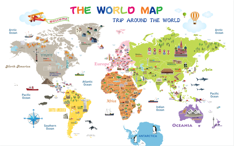 Kids World Map with Famous Landmarks Wall Mural