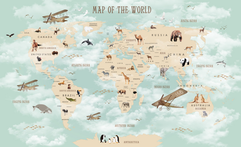 Mint Sky World Map with Retro Biplanes & Wildlife Wall Mural