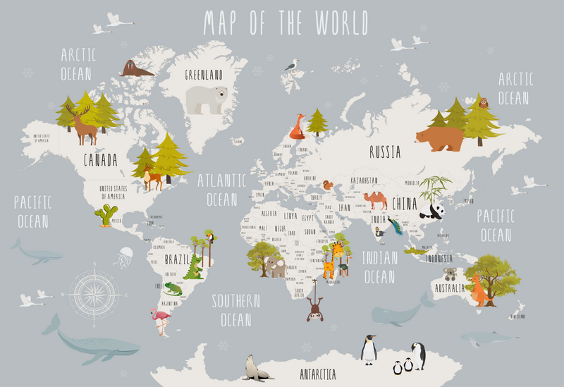 Grey Background Cartoon Animal World Map Wall Mural, Educational Kids World Map Wallpaper for Nursery & Playroom