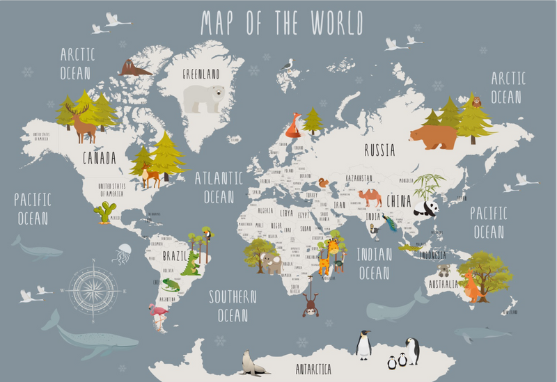 Dusty Blue Cartoon Animal World Map Wall Mural, Educational Kids Wildlife World Map Wallpaper for Nursery