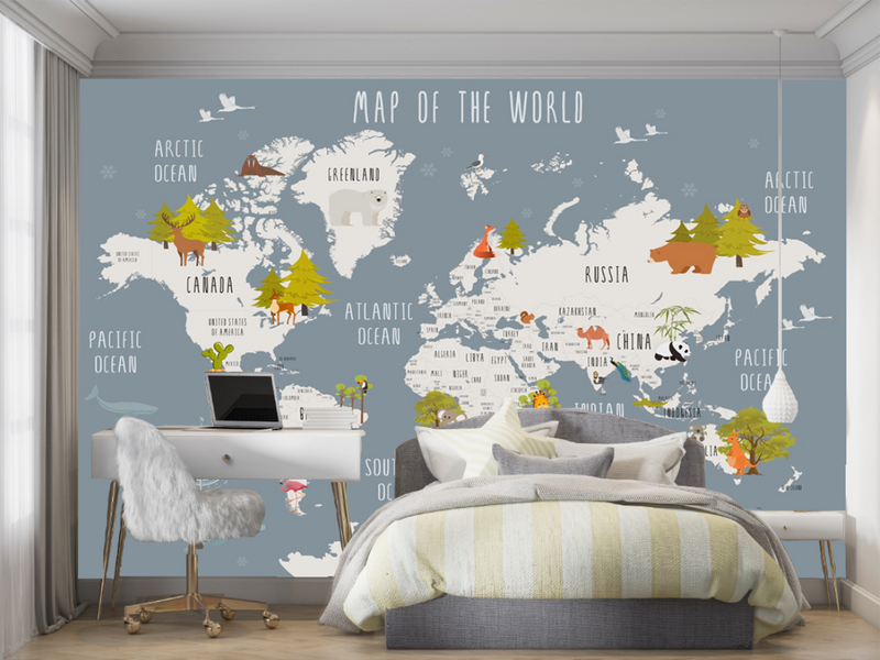 Dusty Blue Cartoon Animal World Map Wall Mural, Educational Kids Wildlife World Map Wallpaper for Nursery