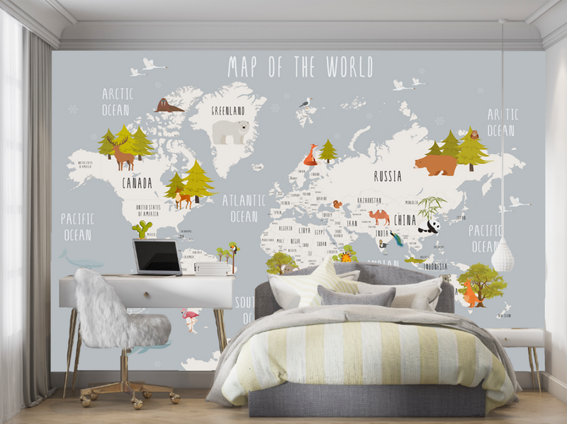 Grey Background Cartoon Animal World Map Wall Mural, Educational Kids World Map Wallpaper for Nursery & Playroom
