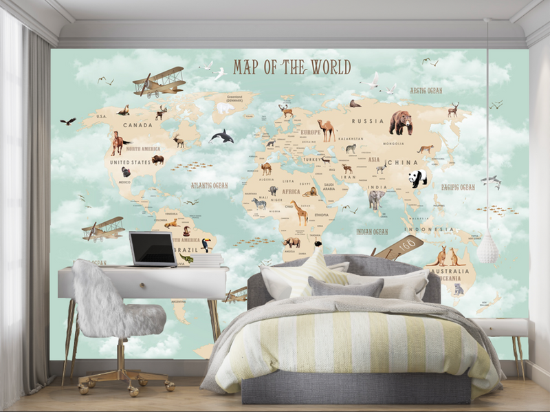 Mint Sky World Map with Retro Biplanes & Wildlife Wall Mural