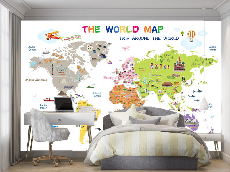 Kids World Map with Famous Landmarks Wall Mural