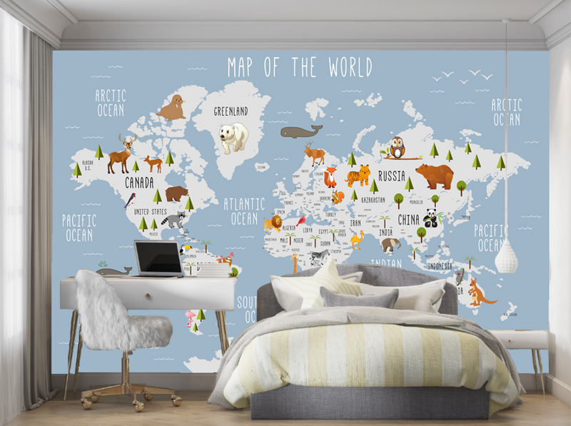 Cute Kids World Map Wall Mural, Cartoon Animal World Map Wallpaper for Nursery & Kids Bedroom