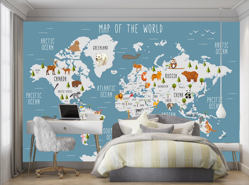 Dusty Blue Kids Animal World Map Wall Mural, Educational Cartoon World Map Wallpaper for Nursery & Playroom