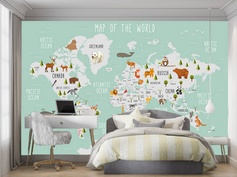 Sage Green Kids Animal World Map Wall Mural, Educational Cartoon World Map Wallpaper for Nursery
