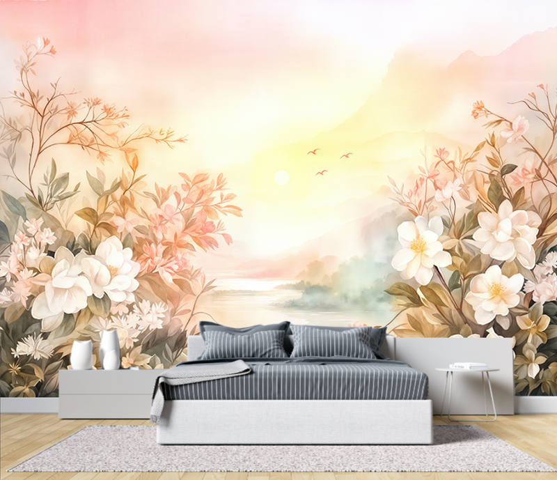 Ethereal Misty Riverside Wall Mural, Warm Pink Sunrise & White Magnolia Flowers Botanical Wallpaper Mural