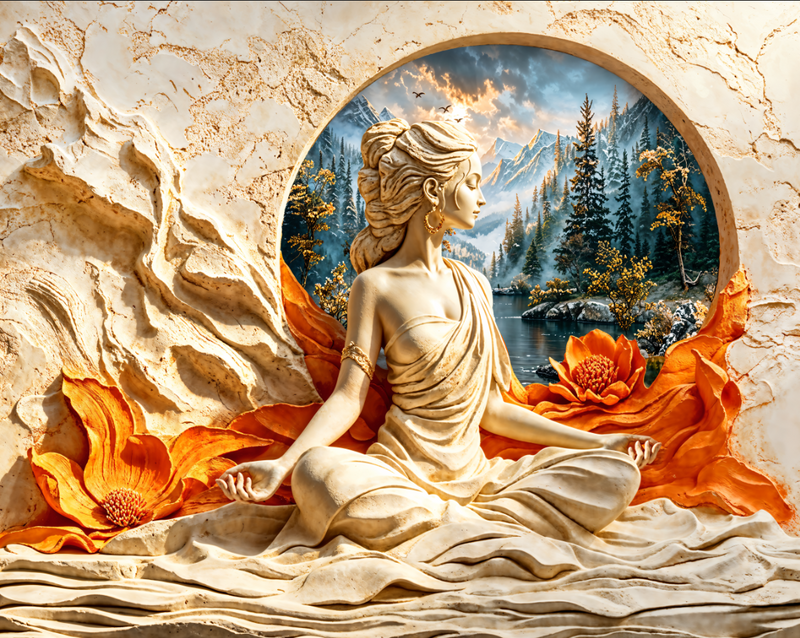 3D Relief Yoga Goddess Wall Mural, Meditating Woman Statue with Orange Lotus & Mountain Lake Landscape Wallpaper, Zen Spiritual Nature Wall Art for Yoga Studio Living Room