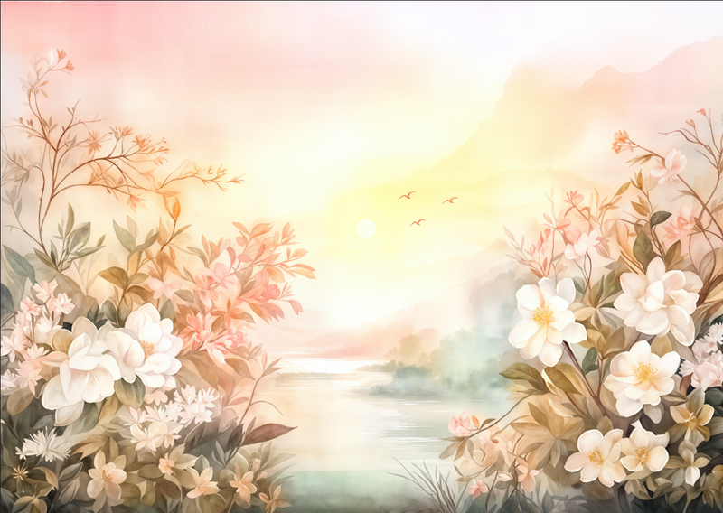 Ethereal Misty Riverside Wall Mural, Warm Pink Sunrise & White Magnolia Flowers Botanical Wallpaper Mural