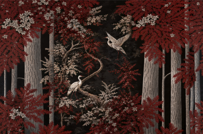 Crimson Forest White Crane Wallpaper Mural | Oriental Chinoiserie Peel and Stick