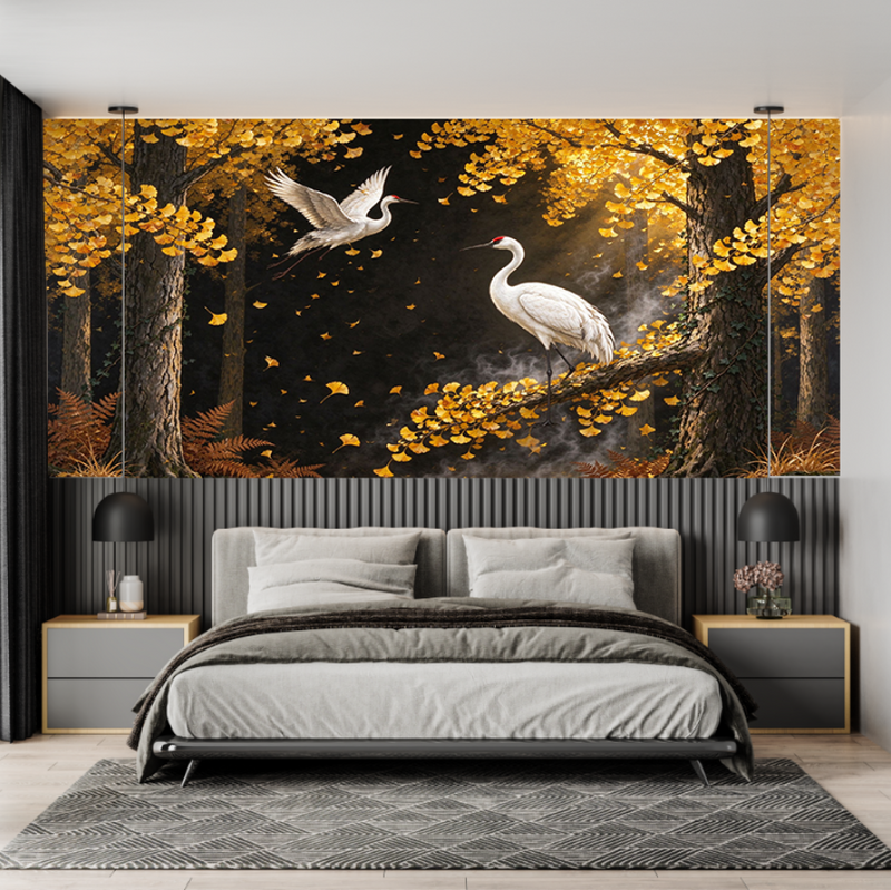 Golden Ginkgo Forest Red-Crowned Crane Wallpaper Mural | Autumn Oriental Peel and Stick