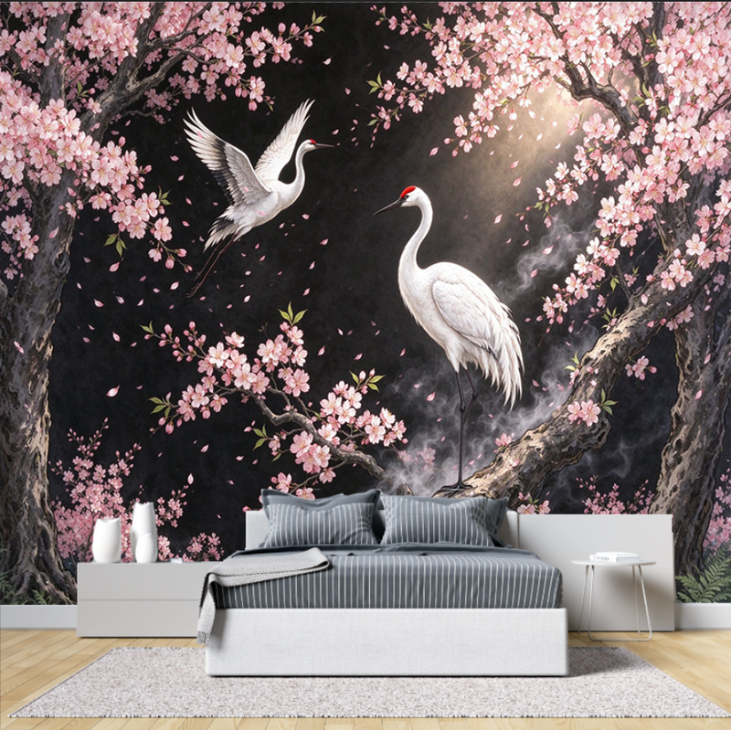 Cherry Blossom Red-Crowned Crane Wallpaper Mural | Romantic Oriental Peel and Stick