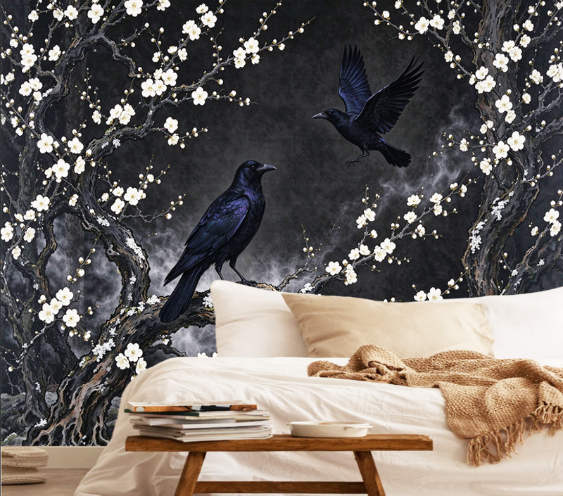 White Plum Blossom Black Crow Wallpaper Mural | Dark Gothic Oriental Peel and Stick