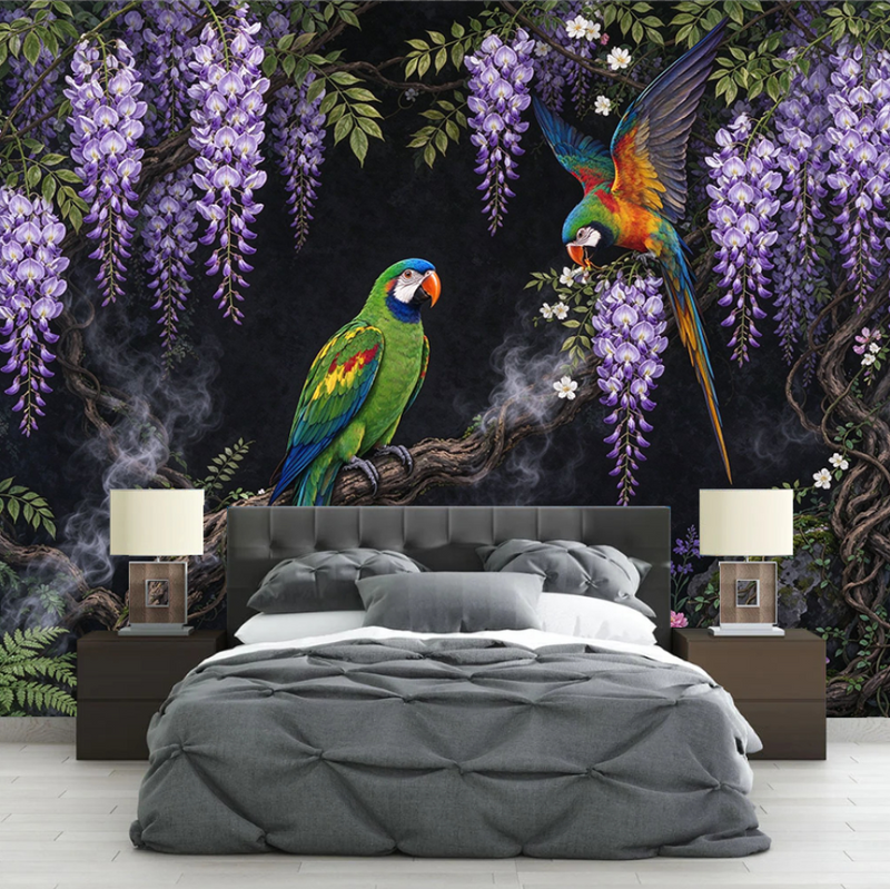 Wisteria Parrot Wallpaper Mural | Tropical Purple Floral Bird Peel and Stick Wall Art