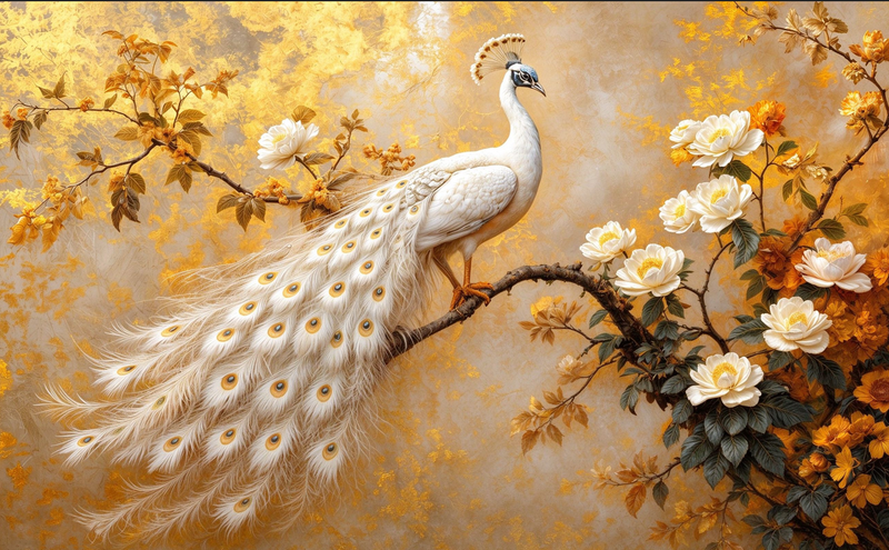 Golden White Peacock Floral Wallpaper Mural | Luxury Gold Botanical Peel and Stick Wall Art