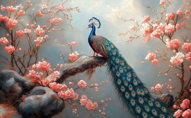 Elegant Peacock Cherry Blossom Wallpaper Mural | Soft Pink Floral Peel and Stick Wall Art