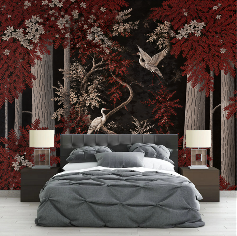 Crimson Forest White Crane Wallpaper Mural | Oriental Chinoiserie Peel and Stick