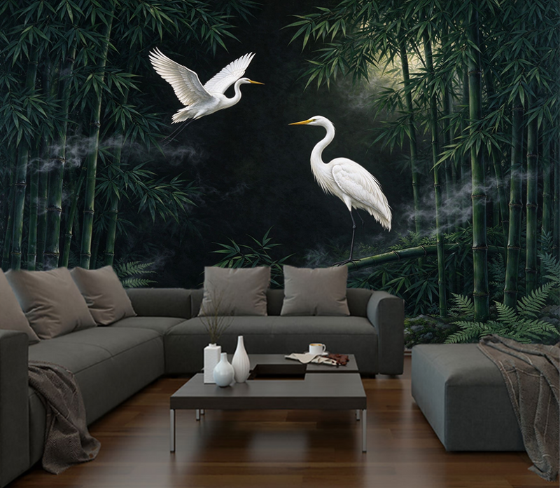 Bamboo Forest White Egret Wallpaper Mural | Zen Oriental Nature Peel and Stick