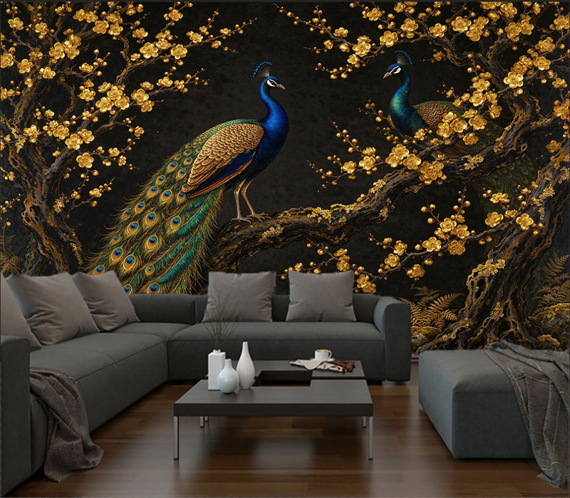 Gold Peacock Cherry Blossom Wallpaper Mural | Luxury Dark Floral Peel and Stick