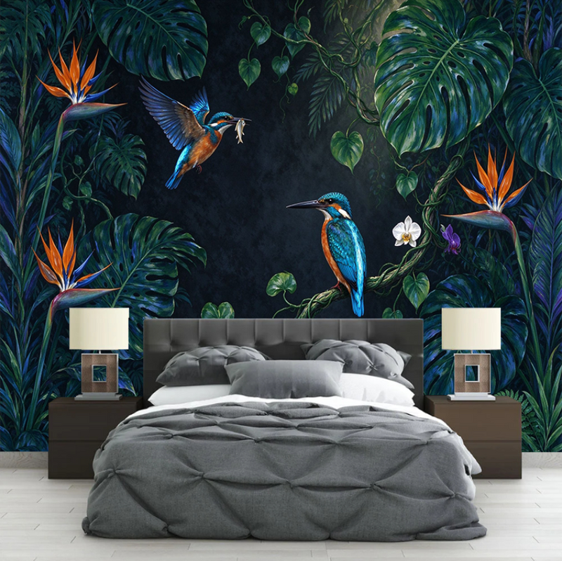 Tropical Rainforest Kingfisher Wallpaper Mural | Jungle Botanical Peel and Stick