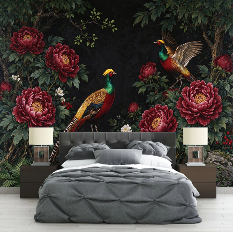 Peony Golden Pheasant Wallpaper Mural | Vintage Botanical Chinoiserie Peel and Stick