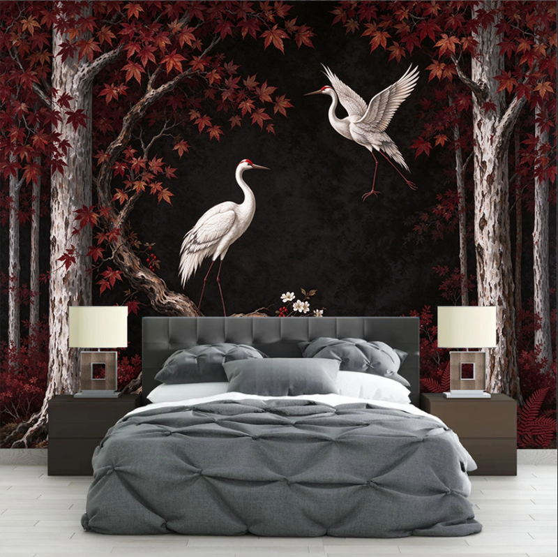 Red Maple Forest Crane Wallpaper Mural | Autumn Chinoiserie Botanical Peel and Stick