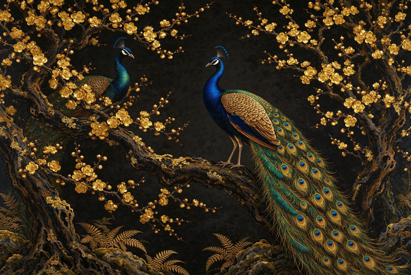 Gold Peacock Cherry Blossom Wallpaper Mural | Luxury Dark Floral Peel and Stick