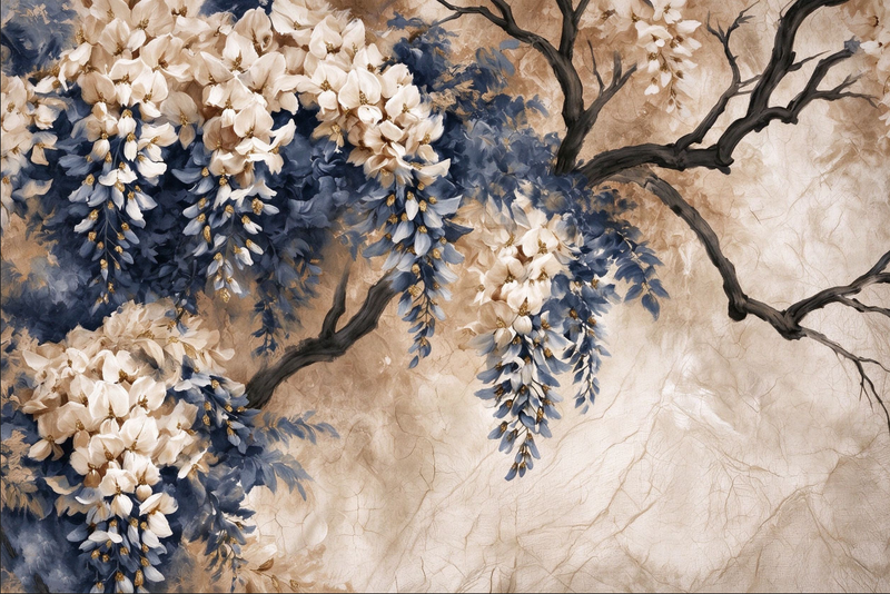 Cascading Ivory Dusty Blue Wisteria Wallpaper Mural | Soft Floral Peel and Stick
