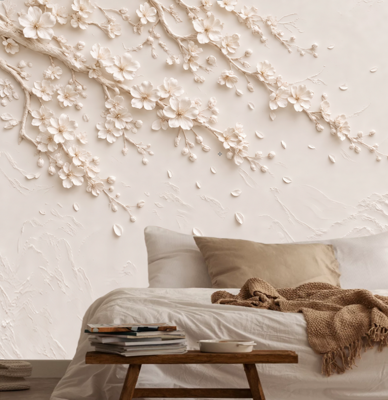 3D Embossed Magnolia Flower Wall Mural | Cream Chinese Landscape Wallpaper for Living Room