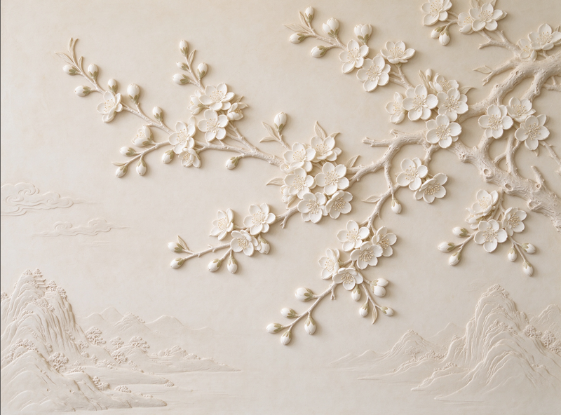 Wabi-Sabi 3D White Flower Wall Mural | Minimalist New Chinese Wall Decor Wallpaper