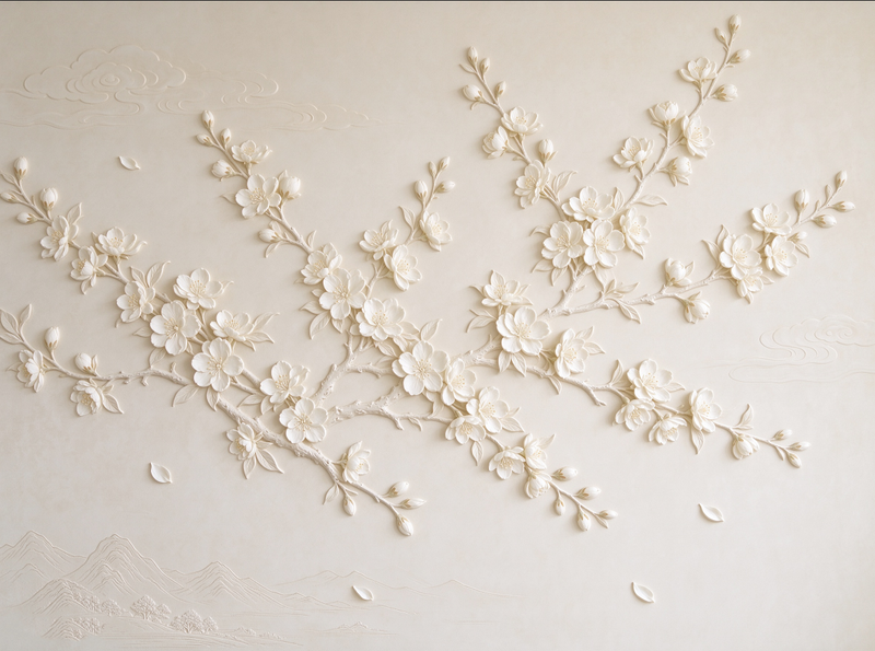 3D Relief Plum Blossom Branch Wall Mural | Beige Textured Cloud Landscape Wallpaper