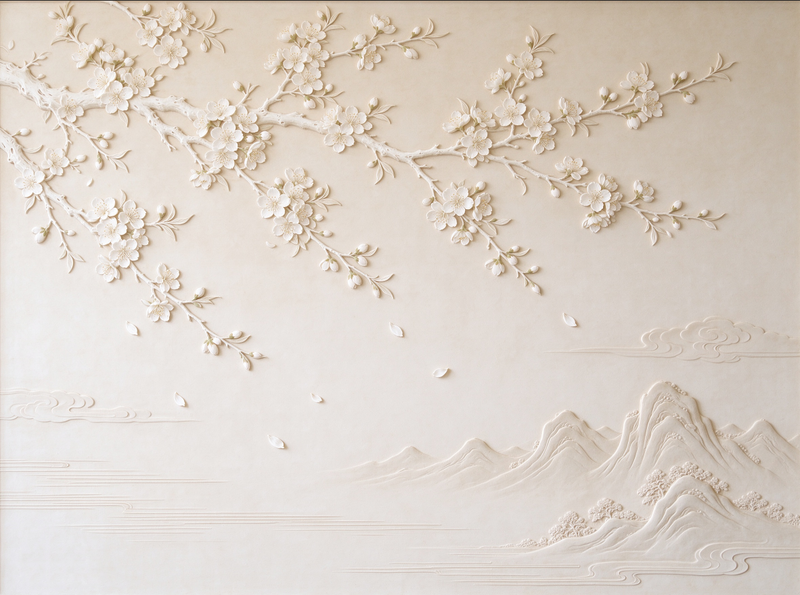 3D Embossed Magnolia Branch Wall Mural | Wide Cream Landscape Wallpaper for Living Room