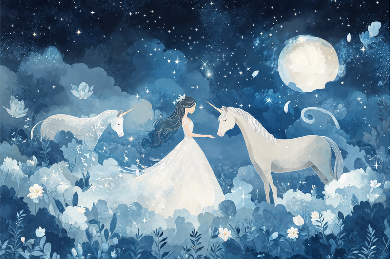 Unicorn and Girl Wall Mural, Blue Moon Stars Nursery Wallpaper