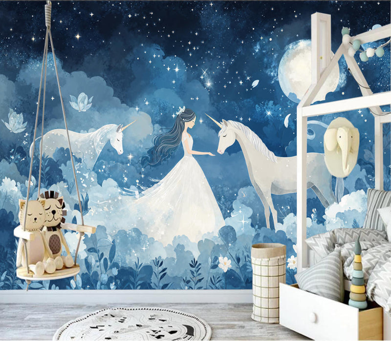 Unicorn and Girl Wall Mural, Blue Moon Stars Nursery Wallpaper